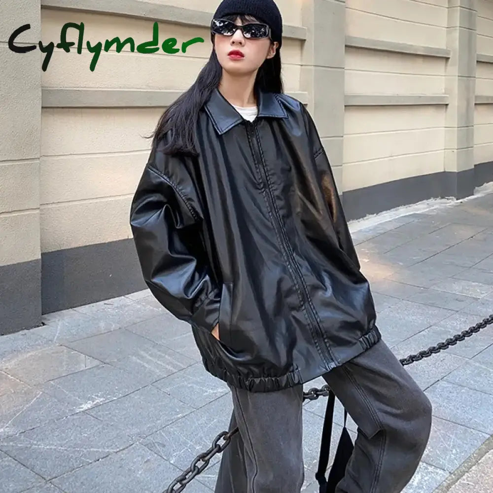 Cyflymder Korean Black Leather Jacket Women Winter Long Women’s Moto Biker Zipper Streetwear
