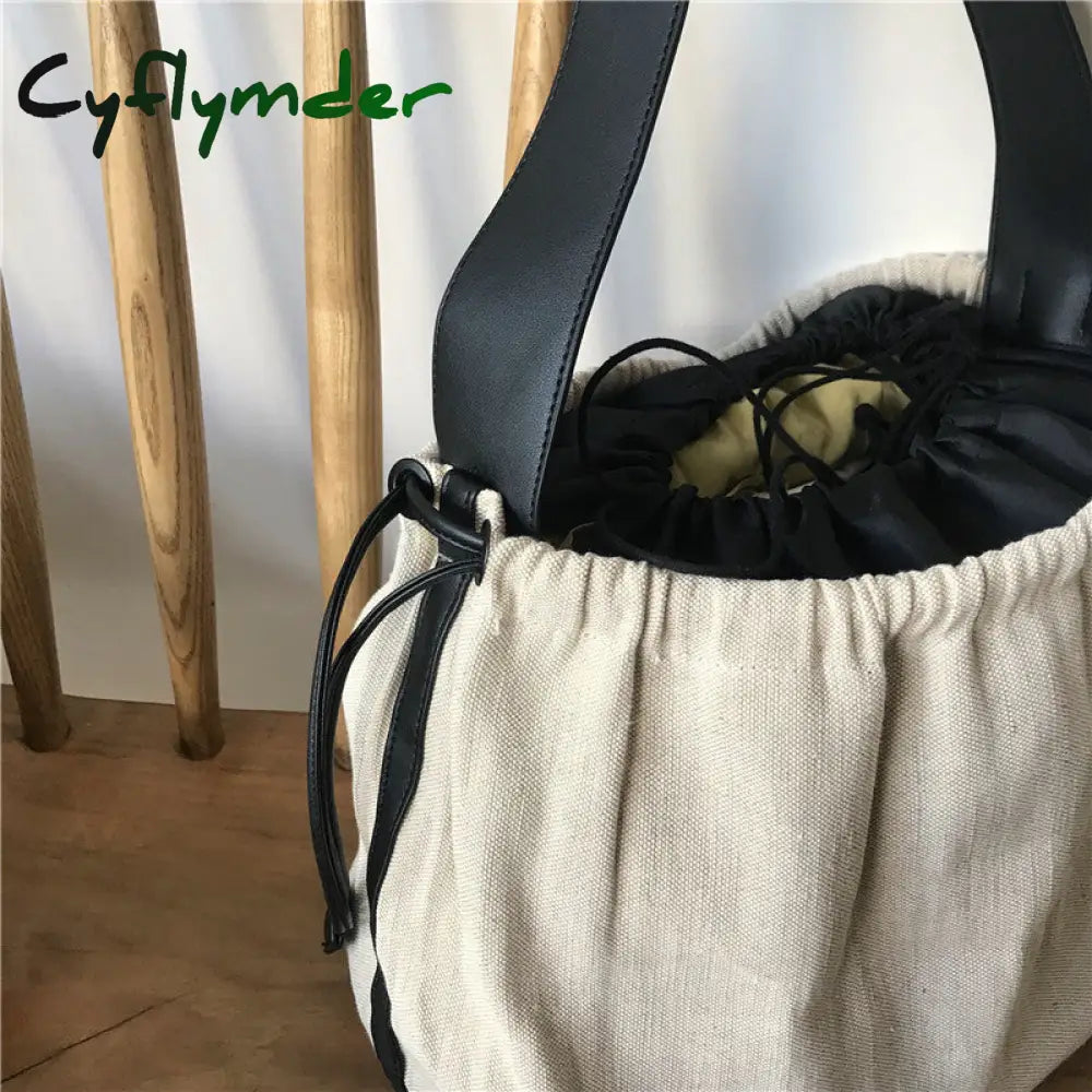 Cyflymder Korean Contrast Color Women Handbag Drawstring Canvas Ladies Shoulder Bag Large Capacity