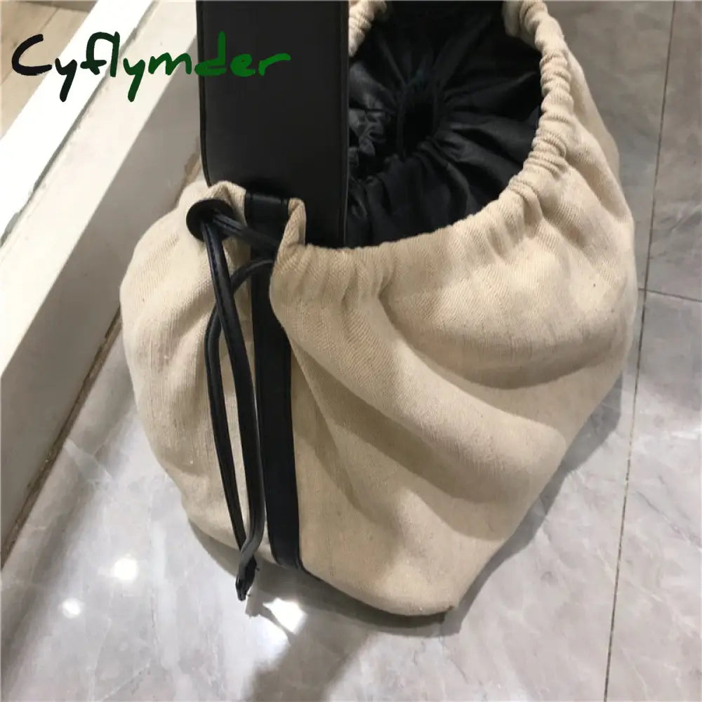 Cyflymder Korean Contrast Color Women Handbag Drawstring Canvas Ladies Shoulder Bag Large Capacity