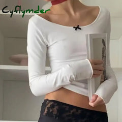 Korean Cute Bow Off Shoulder Crop Tops Y2K Fairycore Vintage Clothes 2000s Retro Aesthetic Long Sleeve Slim T Shirt Kawaii Tees