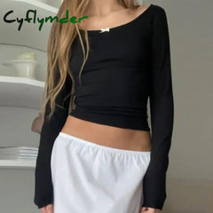 Cyflymder Korean Cute Bow Off Shoulder Crop Tops Y2K Fairycore Vintage Clothes 2000S Retro
