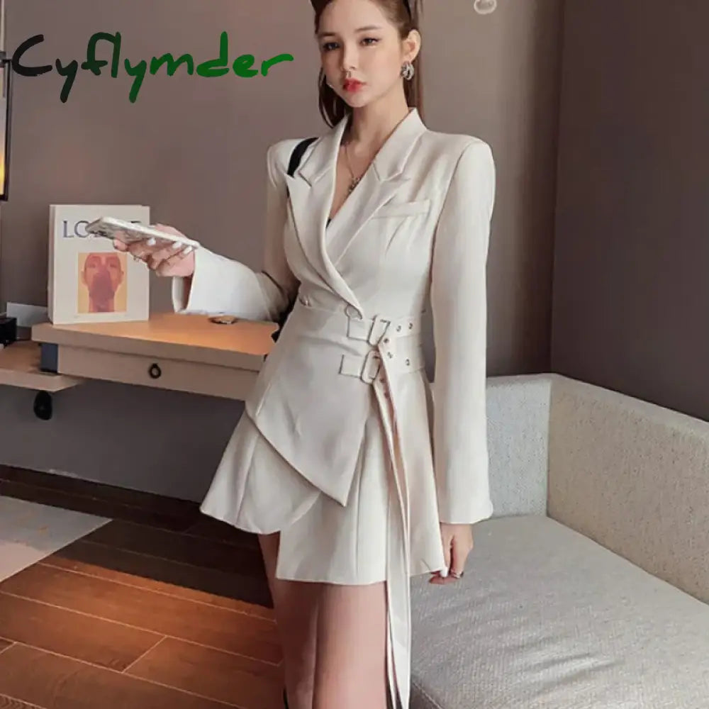 Cyflymder Korean Edition Black Mini Party Suit Dress Women’s One Piece Office Elegant Dress Fashion Belt Design Long