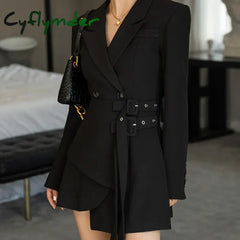 Cyflymder Korean Edition Black Mini Party Suit Dress Women’s One Piece Office Elegant Dress Fashion Belt Design Long