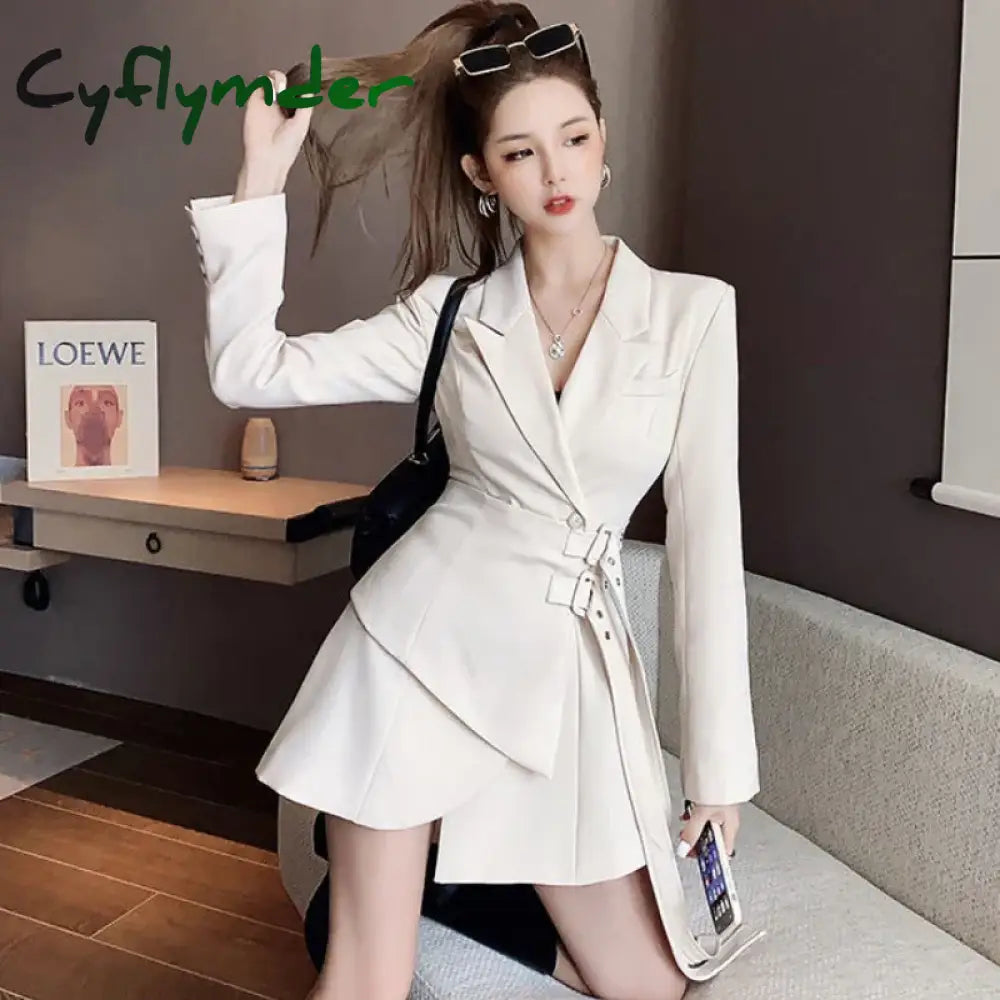 Cyflymder Korean Edition Black Mini Party Suit Dress Women’s One Piece Office Elegant Dress Fashion Belt Design Long