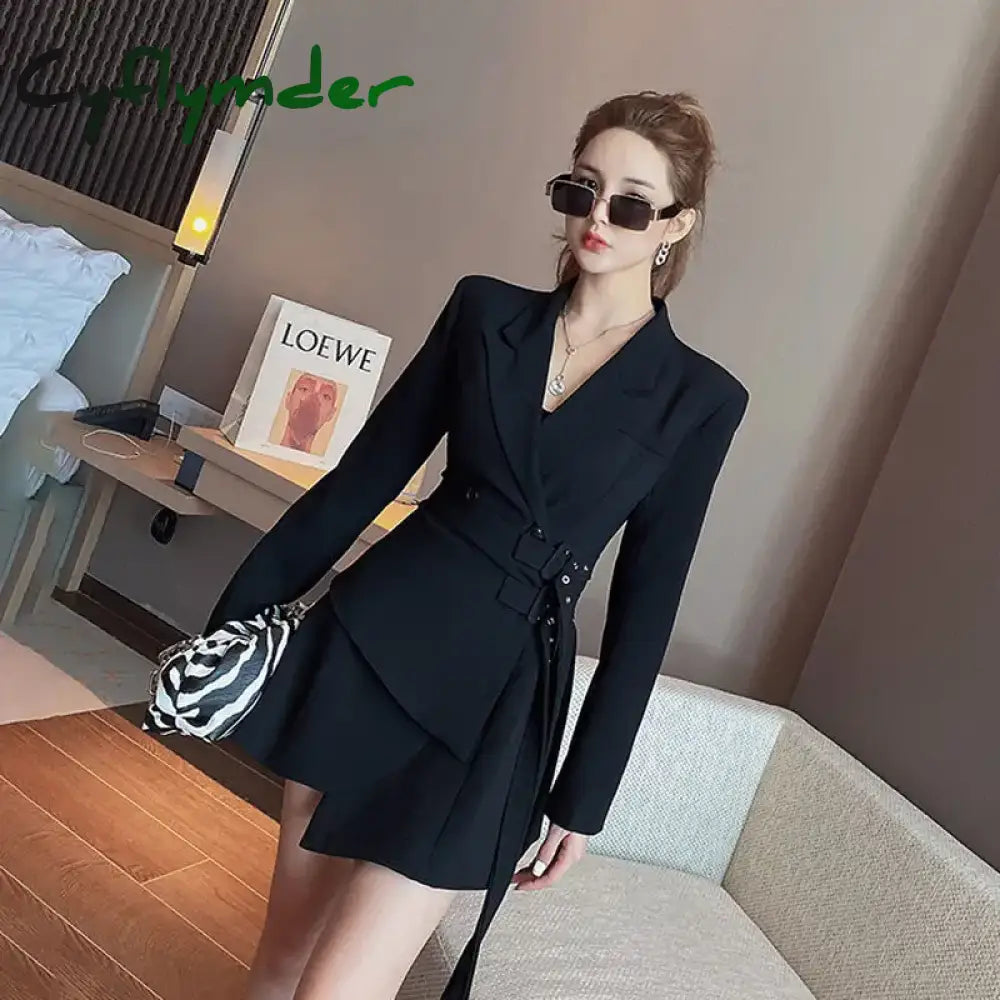 Cyflymder Korean Edition Black Mini Party Suit Dress Women’s One Piece Office Elegant Dress Fashion Belt Design Long