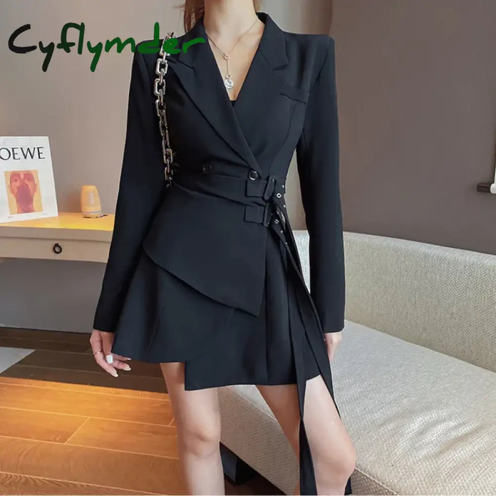 Cyflymder Korean Edition Black Mini Party Suit Dress Women’s One Piece Office Elegant Dress Fashion Belt Design Long