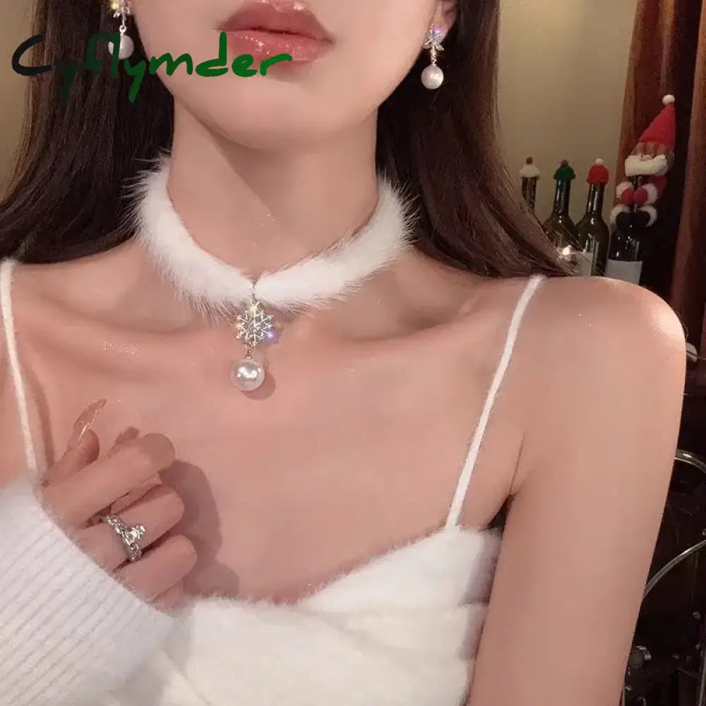 Cyflymder Korean Elegant Feather Plush Snowflake Choker for Women Fashion Pearl Tassel Necklace Wedding Party Jewelry