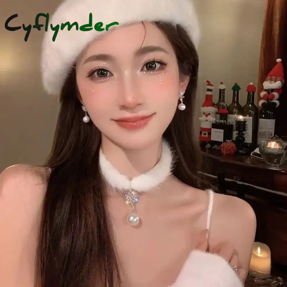 Cyflymder Korean Elegant Feather Plush Snowflake Choker for Women Fashion Pearl Tassel Necklace Wedding Party Jewelry