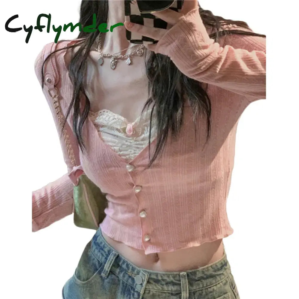 Cyflymder Korean Fashion Crop Top Y2K Aesthetic Sweet Lace Patchwork Long Sleeve T Shirt With Bow