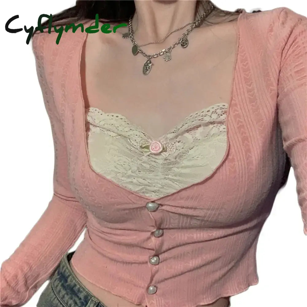 Cyflymder Korean Fashion Crop Top Y2K Aesthetic Sweet Lace Patchwork Long Sleeve T Shirt With Bow