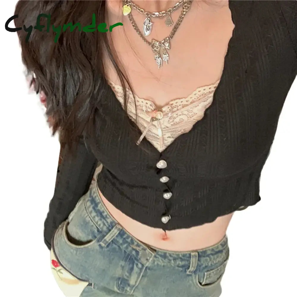 Cyflymder Korean Fashion Crop Top Y2K Aesthetic Sweet Lace Patchwork Long Sleeve T Shirt With Bow