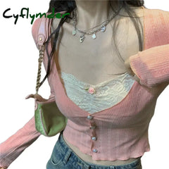 Cyflymder Korean Fashion Crop Top Y2K Aesthetic Sweet Lace Patchwork Long Sleeve T Shirt With Bow