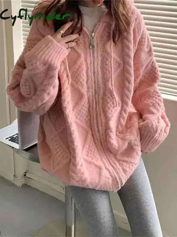 Cyflymder Korean Fashion Knit Cardigan Women Autumn Winter Casual Loose Zipper Hooded Thick Sweater