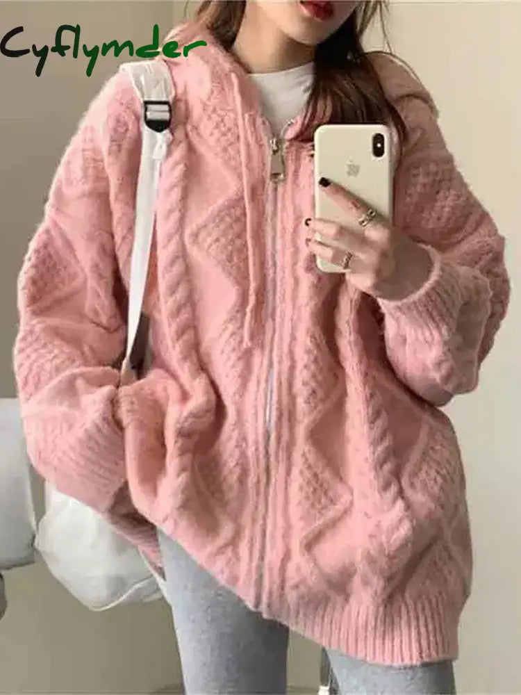 Cyflymder Korean Fashion Knit Cardigan Women Autumn Winter Casual Loose Zipper Hooded Thick Sweater