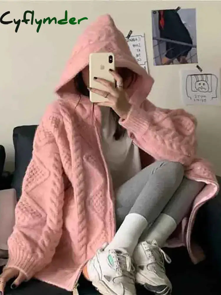 Cyflymder Korean Fashion Knit Cardigan Women Autumn Winter Casual Loose Zipper Hooded Thick Sweater