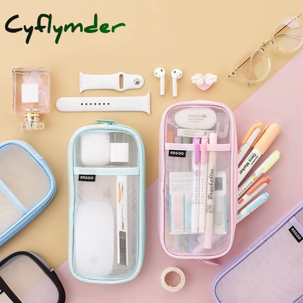 Cyflymder Korean Fashion Transparent Pencil Case Pouches Simple Macaroon Large Capacity Bag