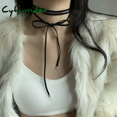 Cyflymder Korean Gothic Long Velvets Rope Necklace Women Black Bowknot Choker Simple Neck Jewelry