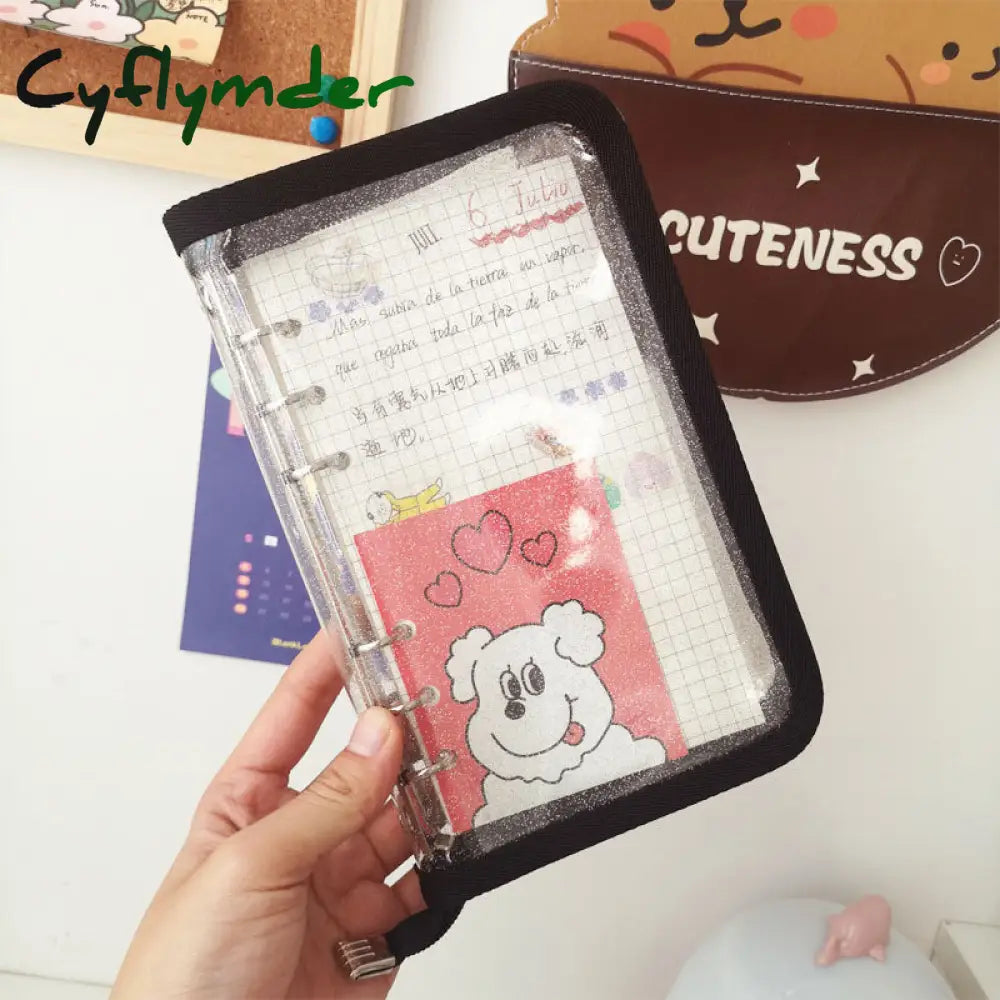 Cyflymder Korean Ins Laser Transparency Pencil Bag Pvc Black Border Flash Powder Loose-Leaf Binder