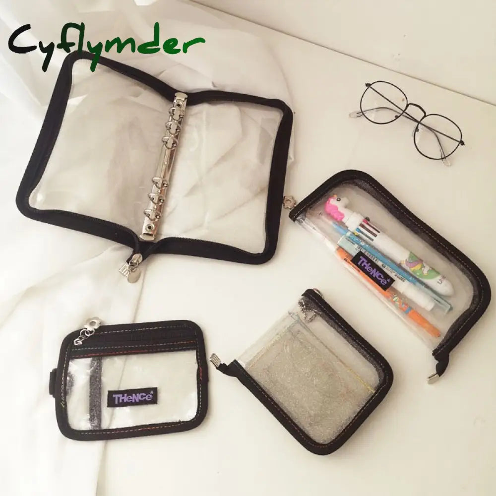 Cyflymder Korean Ins Laser Transparency Pencil Bag Pvc Black Border Flash Powder Loose-Leaf Binder