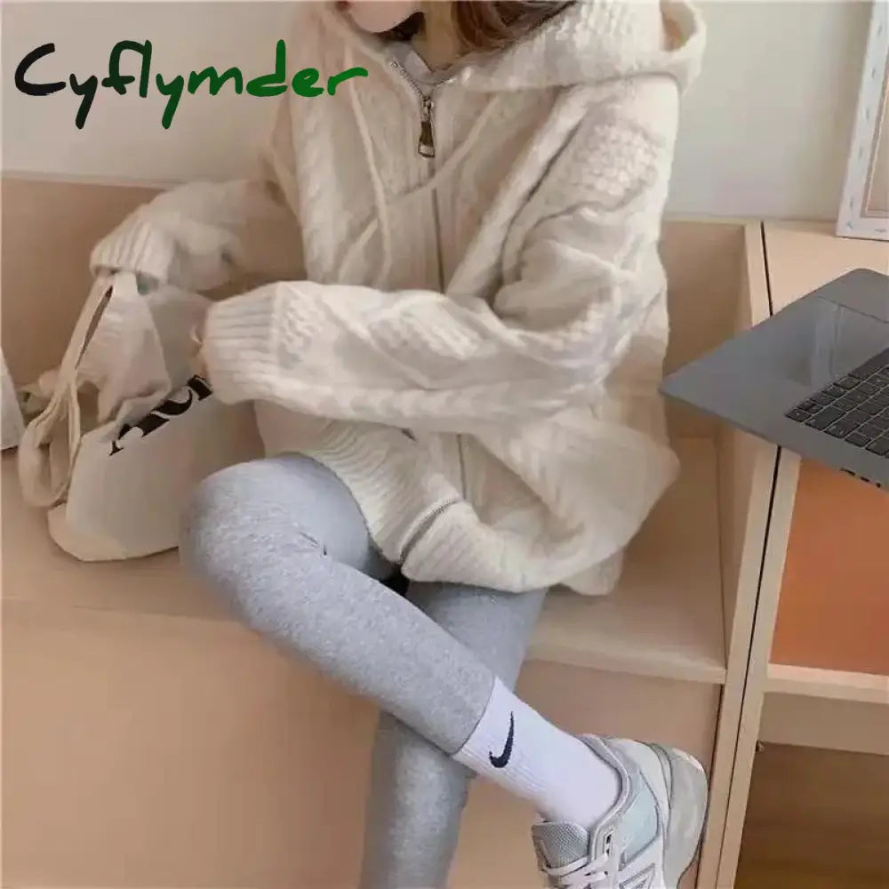 Korean Knit Cardigan Hooded Women Fashion Winter Casual Loose Zipper Thick Sweater All Match Female Streetwear Coats New Cyflymder