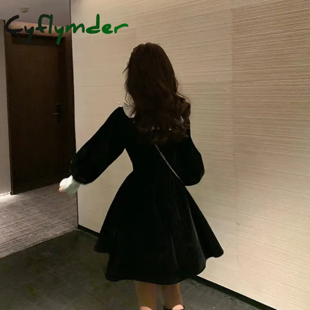 Cyflymder Korean Long Sleeve Mini Dress Women Spring Vintage Slim Vestidos Sweet Female Ruffles