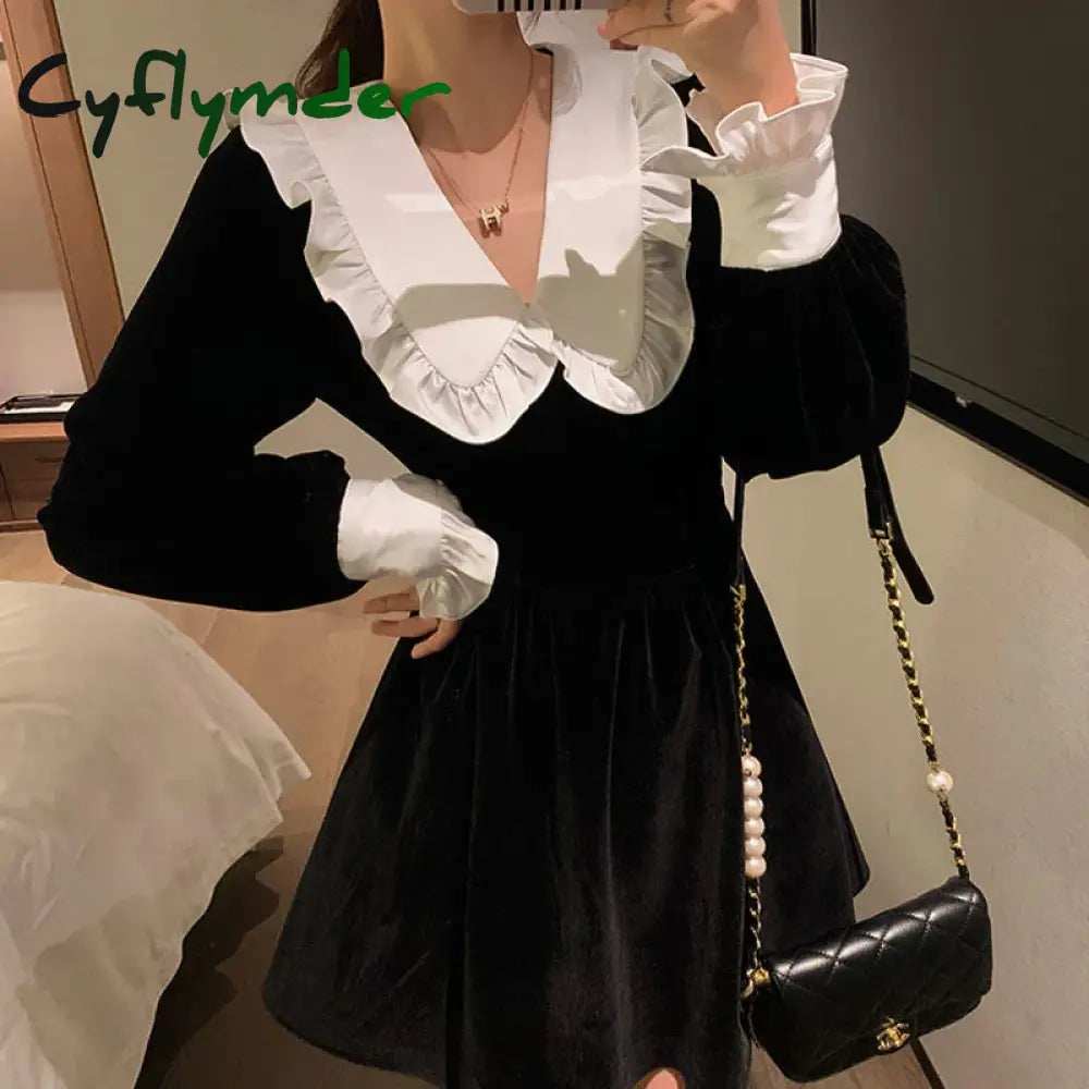 Cyflymder Korean Long Sleeve Mini Dress Women Spring Vintage Slim Vestidos Sweet Female Ruffles