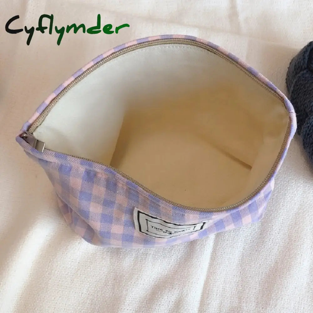 Cyflymder Korean Plaid Cosmetic Makeup Bag For Women Cosmetics Organizer Pouch Large Woman Travel