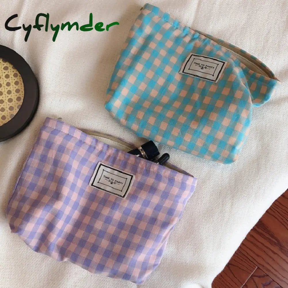 Cyflymder Korean Plaid Cosmetic Makeup Bag For Women Cosmetics Organizer Pouch Large Woman Travel