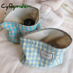 Cyflymder Korean Plaid Cosmetic Makeup Bag For Women Cosmetics Organizer Pouch Large Woman Travel