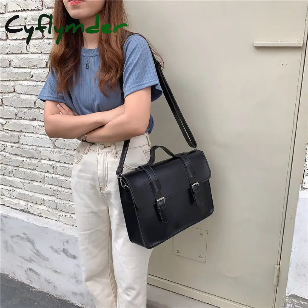 Cyflymder Korean Preppy Style Student School Bag Pu Leather Female Messenger Bags Vintage