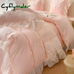 Cyflymder Korean Princess Bedding Set Lace Bow Beauty Solid Color Lace Ruffle Quilt Cover Luxury Girls Wedding Home