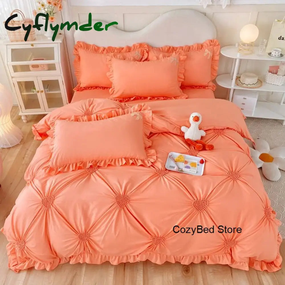 Cyflymder Korean Princess Duvet Cover Set Simple Solid Color Bedding Set Lace Ruffles Bed Skirt Sheets Gilr Quilt Cover