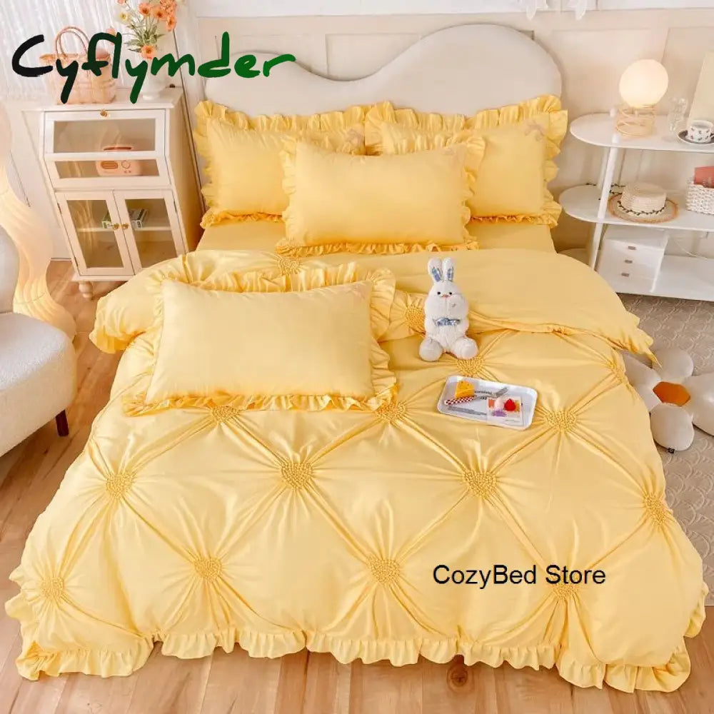 Cyflymder Korean Princess Duvet Cover Set Simple Solid Color Bedding Set Lace Ruffles Bed Skirt Sheets Gilr Quilt Cover