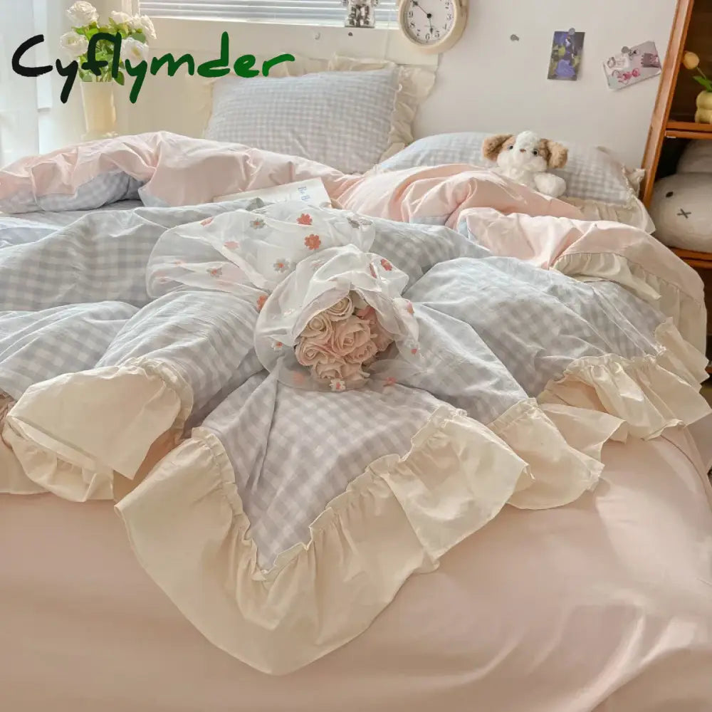 Cyflymder Korean Princess Style Bedding Set Soft Skin-friendly Lattice Lace Ruffles Quilt Cover Plaid Style Duvet