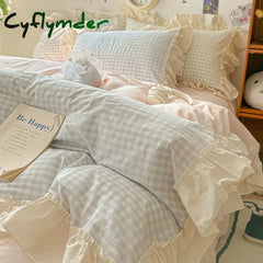 Cyflymder Korean Princess Style Bedding Set Soft Skin-friendly Lattice Lace Ruffles Quilt Cover Plaid Style Duvet