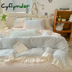 Cyflymder Korean Princess Style Bedding Set Soft Skin-friendly Lattice Lace Ruffles Quilt Cover Plaid Style Duvet