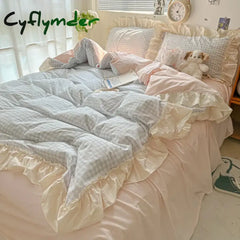 Cyflymder Korean Princess Style Bedding Set Soft Skin-friendly Lattice Lace Ruffles Quilt Cover Plaid Style Duvet