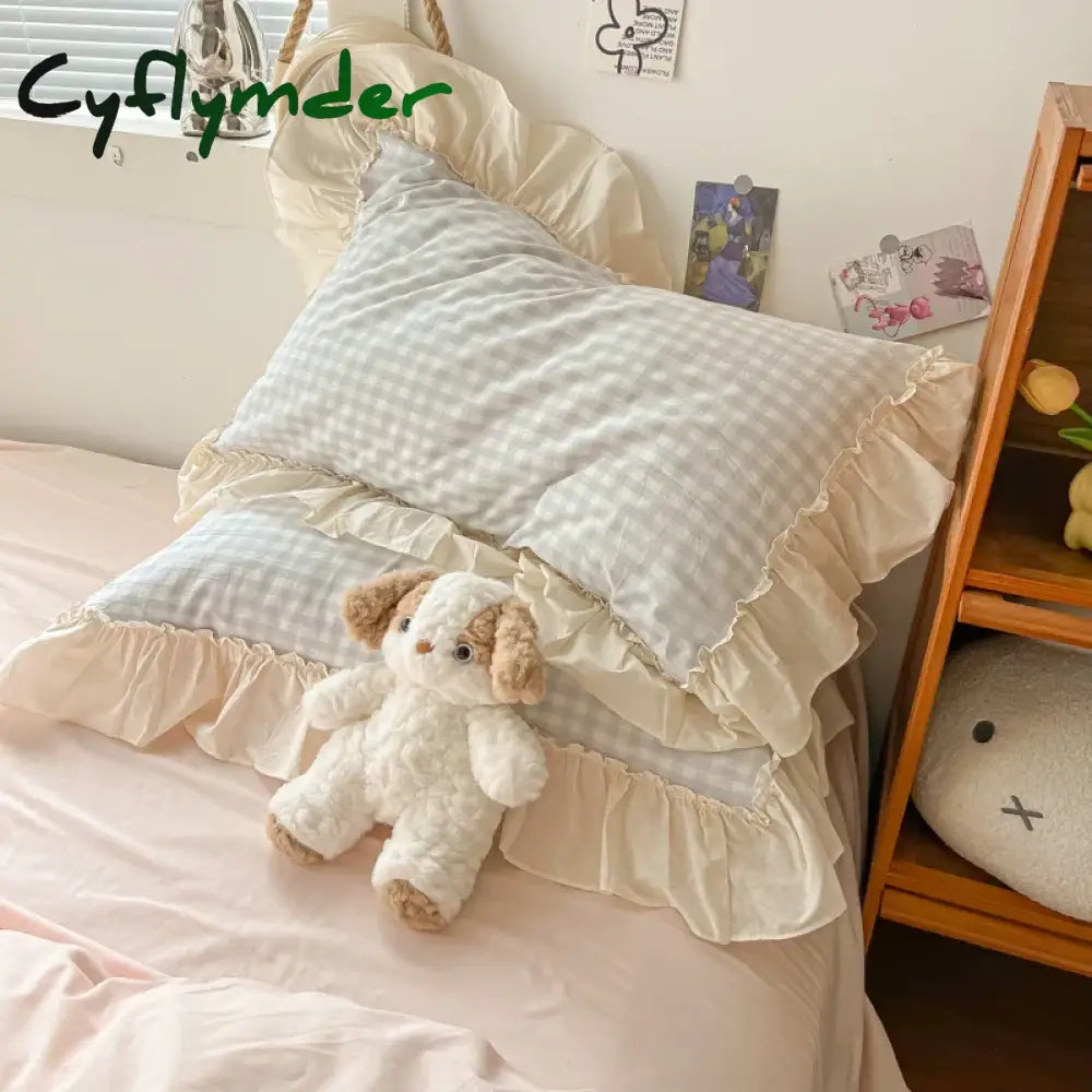 Cyflymder Korean Princess Style Bedding Set Soft Skin-friendly Lattice Lace Ruffles Quilt Cover Plaid Style Duvet