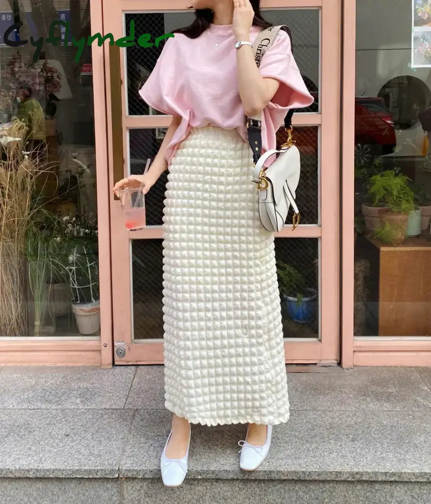 Cyflymder Korean Style Chic Pop Bubble Plaid Long One Step Skirts For Women Spring Summer Autumn