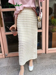 Korean Style Chic Pop Bubble Plaid Long One Step Skirts for Women Spring Summer Autumn Lady Elegant Slim Skirt