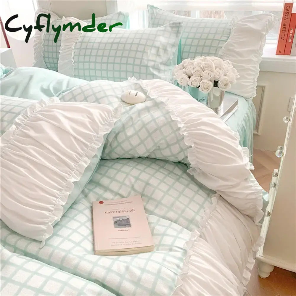 Cyflymder Korean Style Princess Bedding Set Luxury Pink Lattice Duvet Cover Ruffles Lace Bedspread Bed Sheet Pillowcases