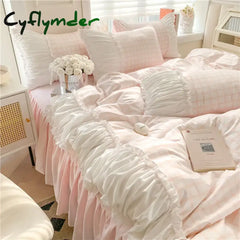 Cyflymder Korean Style Princess Bedding Set Luxury Pink Lattice Duvet Cover Ruffles Lace Bedspread Bed Sheet Pillowcases