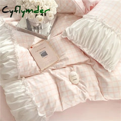 Cyflymder Korean Style Princess Bedding Set Luxury Pink Lattice Duvet Cover Ruffles Lace Bedspread Bed Sheet Pillowcases