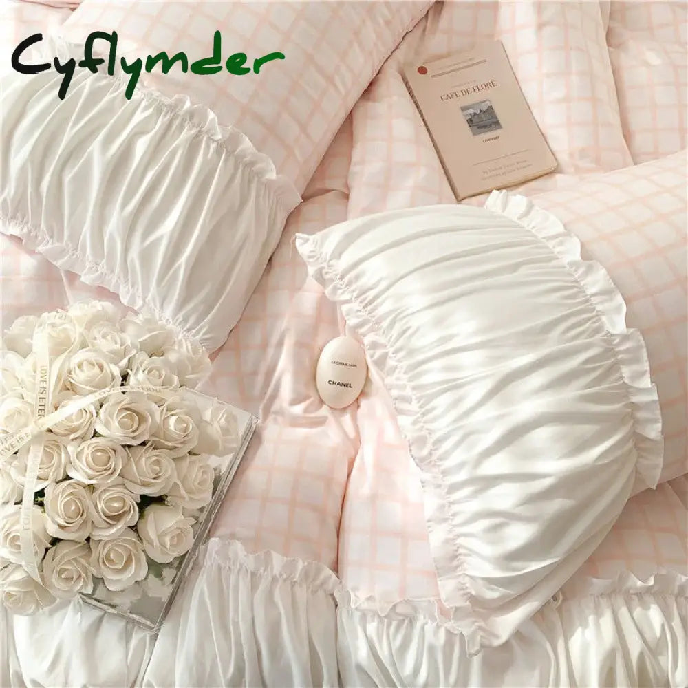 Cyflymder Korean Style Princess Bedding Set Luxury Pink Lattice Duvet Cover Ruffles Lace Bedspread Bed Sheet Pillowcases