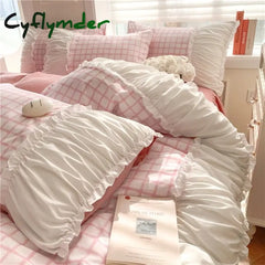 Cyflymder Korean Style Princess Bedding Set Luxury Pink Lattice Duvet Cover Ruffles Lace Bedspread Bed Sheet Pillowcases