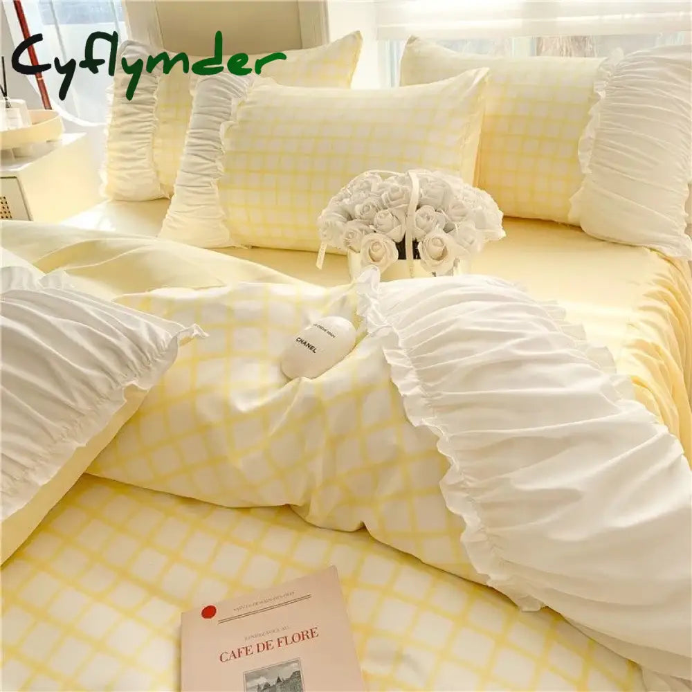 Cyflymder Korean Style Princess Bedding Set Luxury Pink Lattice Duvet Cover Ruffles Lace Bedspread Bed Sheet Pillowcases