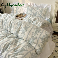 Korean Style Princess Floral Washed Cotton Bedding Set Vintage French Pastoral Flowers Lace ruffles  Duvet Cover Set Pillowcase