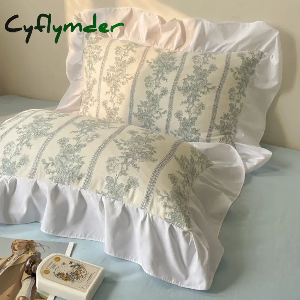 Cyflymder Korean Style Princess Floral Washed Cotton Bedding Set Vintage French Pastoral Flowers Lace ruffles Duvet