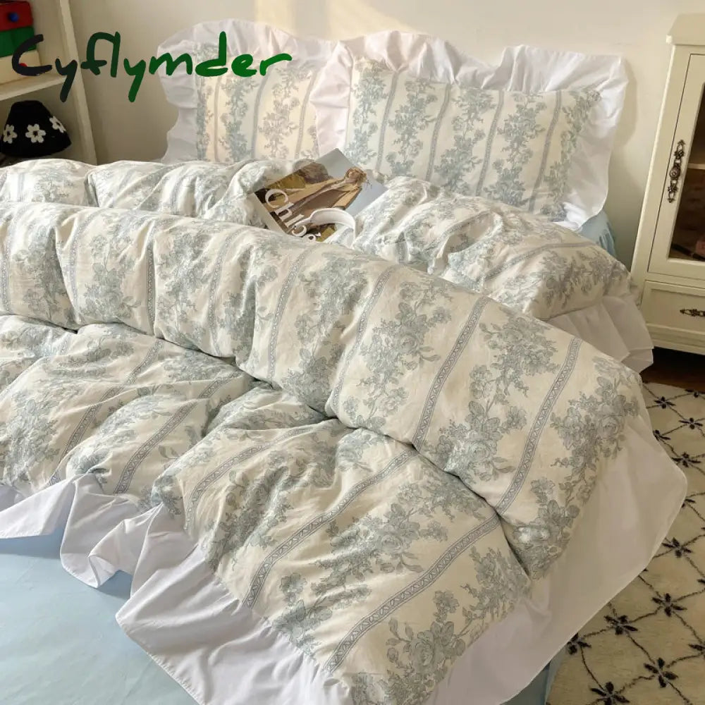 Cyflymder Korean Style Princess Floral Washed Cotton Bedding Set Vintage French Pastoral Flowers Lace ruffles Duvet