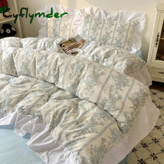 Cyflymder Korean Style Princess Floral Washed Cotton Bedding Set Vintage French Pastoral Flowers Lace ruffles Duvet